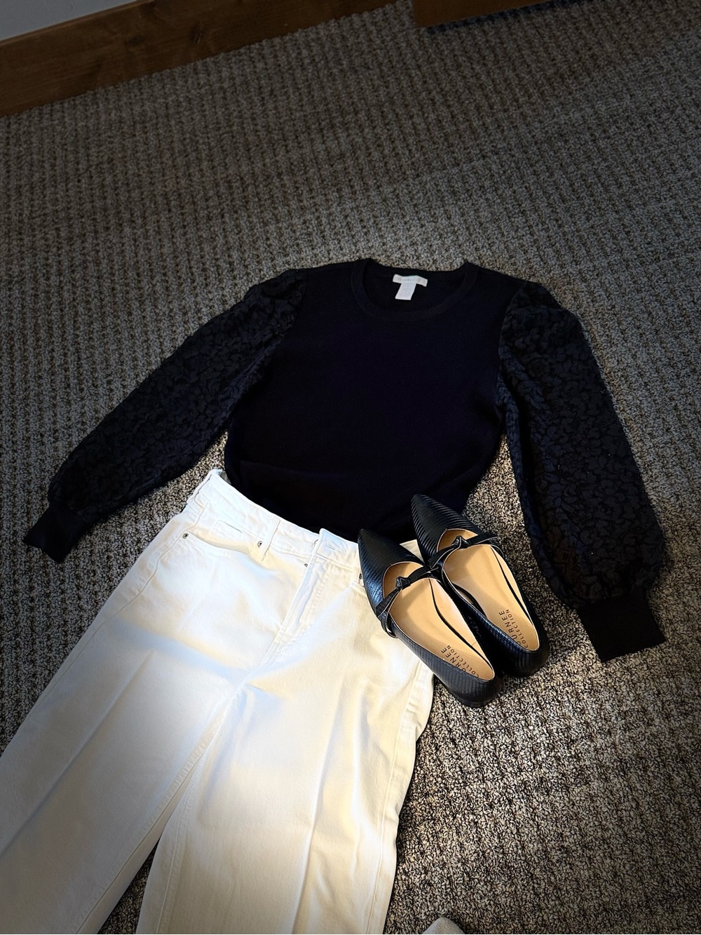 Black Lace-Sleeve Knit Pullover Sweatshirt